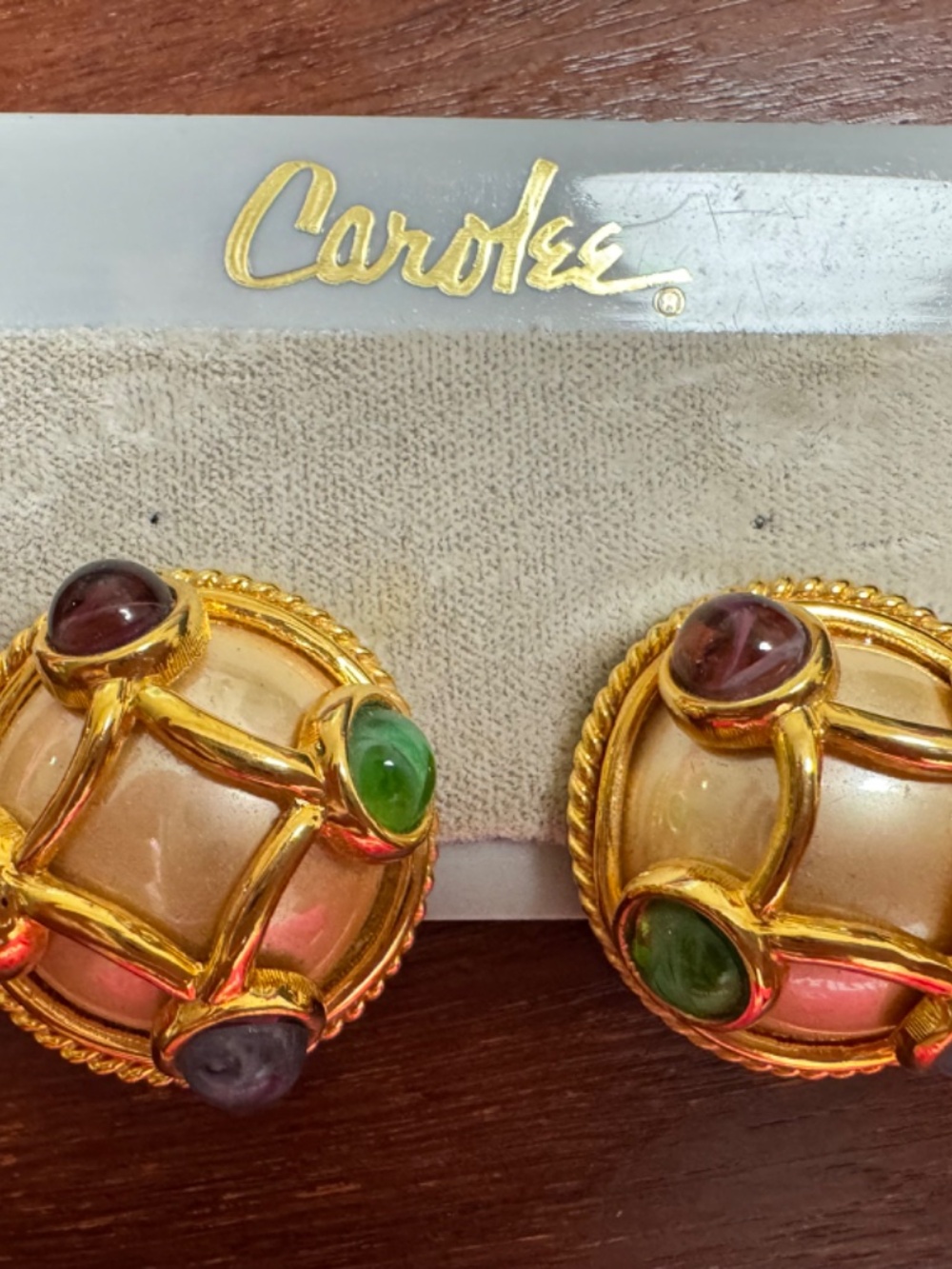 New Vintage Carolee Clip On Earrings Gold Tone Gold Cabochon Large 1980's